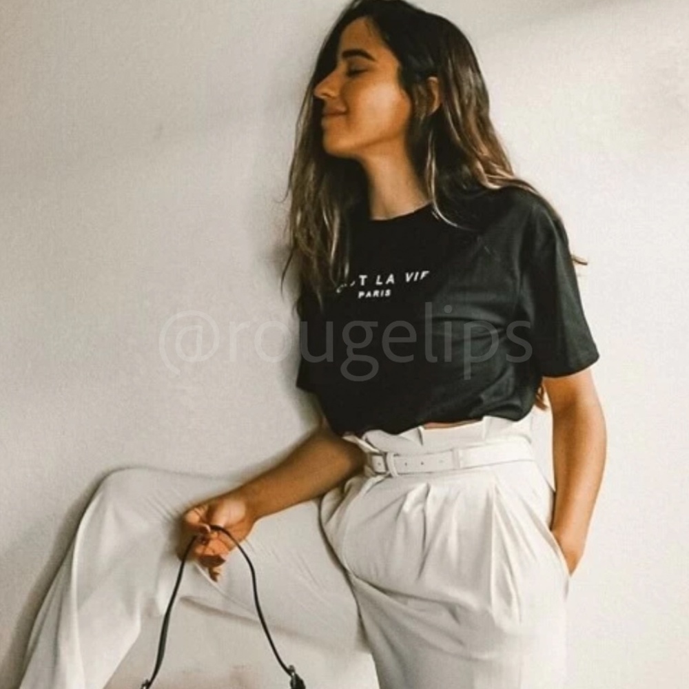 White Graphic French Text Print Tee Shirt Short Sleeve Crew Neck - Picture 17 of 17